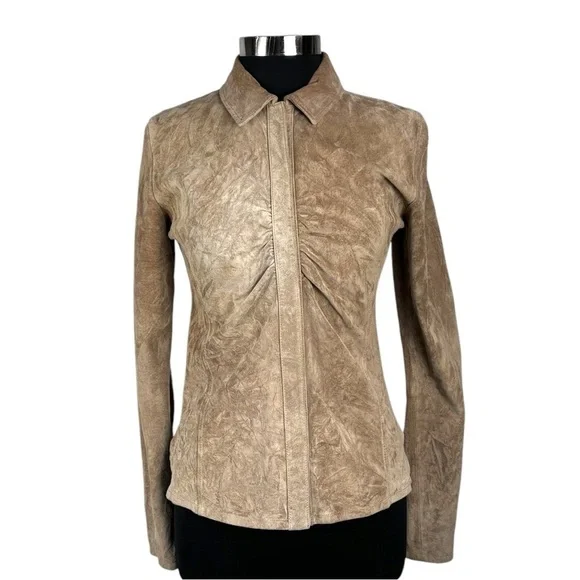 SUTTON STUDIO SUEDE LEATHER RUCHED COLLARED WESTERN SHIRT JACKET SHACKET - Picture 4 of 15